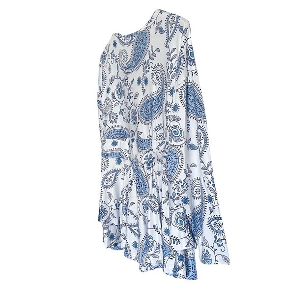 Plus Size V-Neck Banded Waist Layered Promenade Boho Blue Paisley Floral Top - Picture 4 of 8